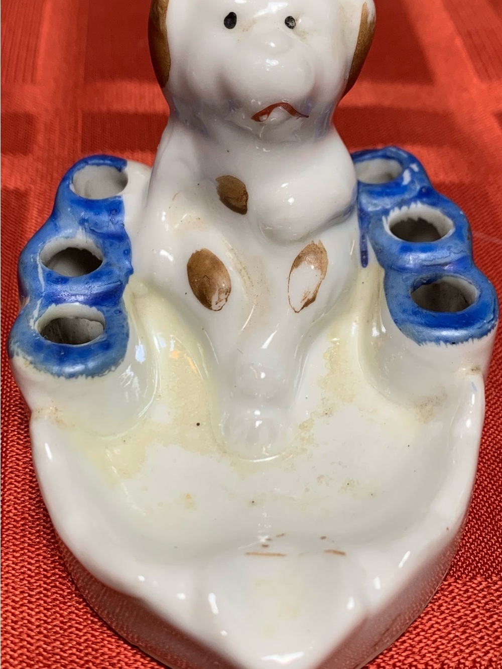 Vintage Japan Ceramic Handpainted Tobacciana Dog Ashtray Six Cigarette Holder